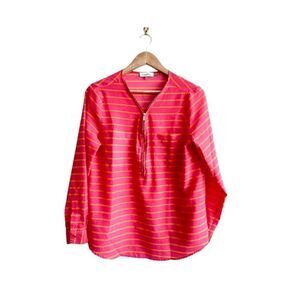 Calvin Klein Blouse Half Zip Pink Orange Stripe Cuffed Sleeves Button Women's M